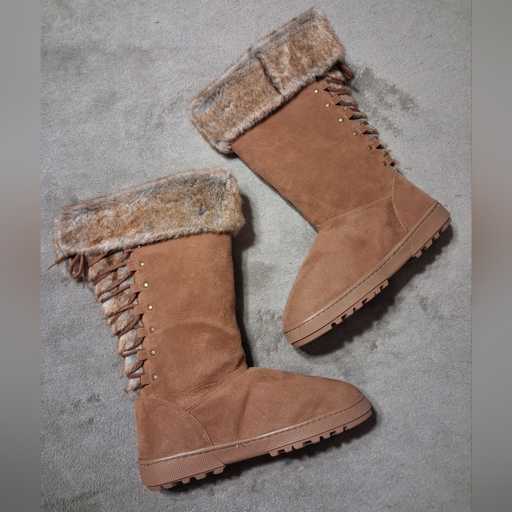 NEW! Rampage Faux Fur Parker Cognac/Tan Lace Up Tall Snow Boots Women's 8
